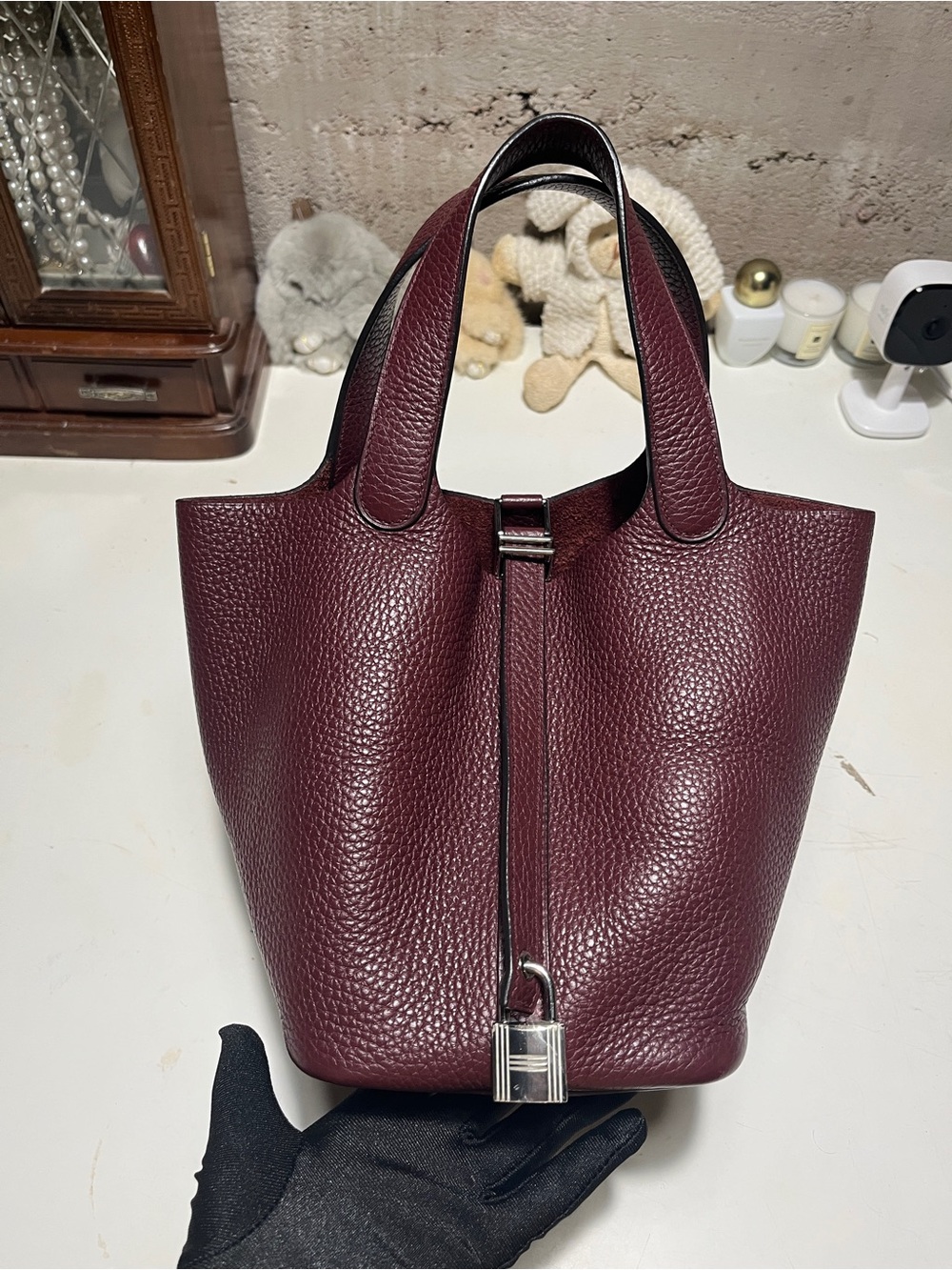 Hermes Bordeaux Togo Leather Bucket Tote with Silver-Tone Padlock - Picture 2 of 16